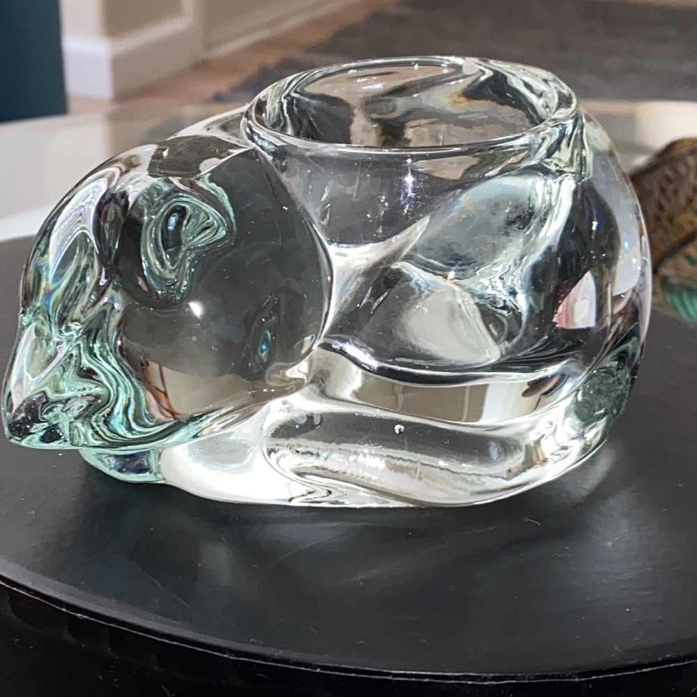 HEAVY CUT GLASS of a SLEEPING CAT - VOTIVE HOLDER